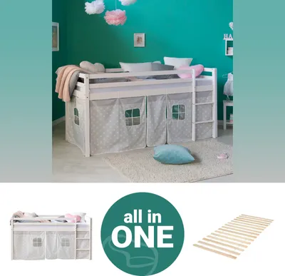 Produktbild von Homestyle4u Kinder Hochbett 90x200 weiss mit Lattenrost Sternen Vorhang