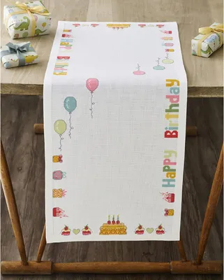 Produktbild von Kreuzstich-Set Permin für Tischläufer, gestickt mit der Aufschrift "Happy Birthday", 33x89 cm