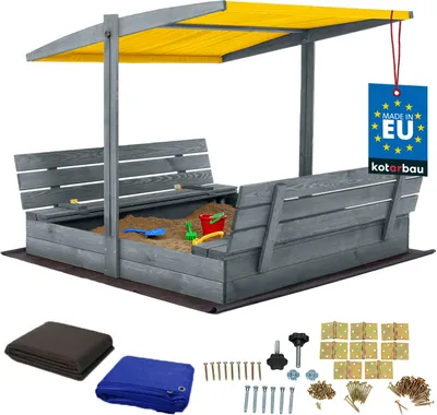 Produktbild von KOTARBAU® Sandkasten mit Abdeckung 140 x 140 cm Großer Grau Holzsandkasten mit Gelb Dach Sandkasten mit Deckel Sandkasten mit Dach Gartenspielzeug Kinder imprägniert verschließbar mit Bänken