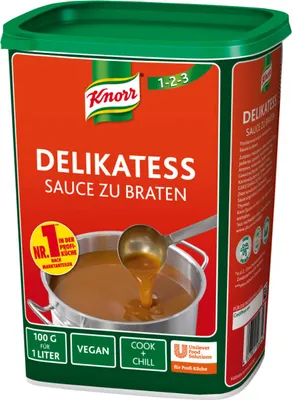 A product container for Knorr Delikatess Sauce zu Braten.