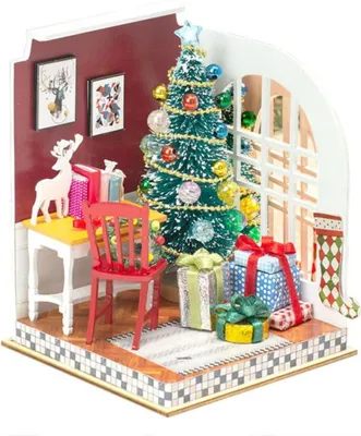 Produktbild von Habarri | Miniaturhaus - DIY-Puppenhaus - Holzhaus mit Möbeln und LED-Beleuchtung - Geschenk für Kinder - Weihnachtsglöckchen