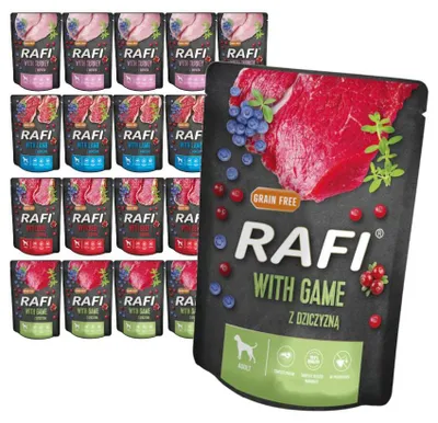 Zdjęcie produktu dla Rafi Mokra Karma dla Dorosłych Psów 4 Smaki Saszetka Zestaw 20x300g