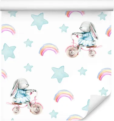 Produktbild von 10m VLIES TAPETE Rolle Kinderzimmer Hasen Fahrräder Sterne Regenbogen XXL