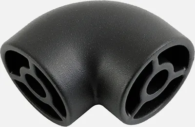 A black elbow joint for a handrail, shown against a plain light gray background.