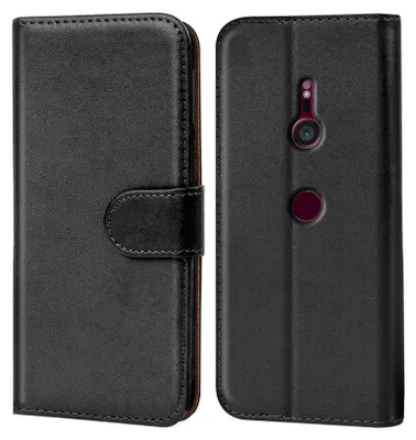 A black flip case for a Sony Xperia XZ3 phone, shown from both the front and back.