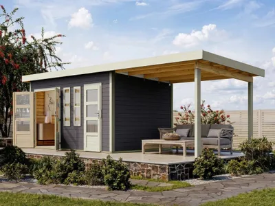 Produktbild von KARIBU Gartenhaus Zweiraumhaus Terragrau 28 mm, Gartenhaus Mit Anbaudach, Fichte Massivholz, Inklusive 2,6 Meter Anbaudach, Zweiraum Gartenhaus, Terrassendach