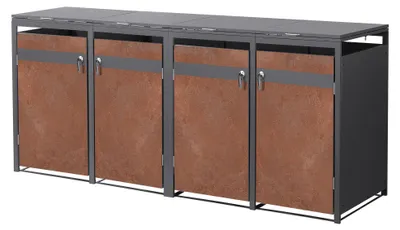 Immagine prodotto di Contenitore per bidoni della spazzatura ML-Design, modello a 4 scomparti, per 4 bidoni da 240 litri, dimensioni 264x80x120 cm, finitura antracite effetto ruggine, realizzato in acciaio/cortenstahl, con chiusura a chiave