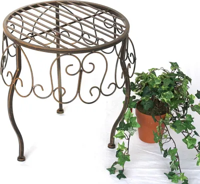 A metal plant stand next to a potted ivy plant.