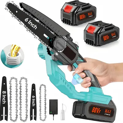 Produktbild von 6/8 Zoll Akku Kettensäge,Handheld-Kettensäge,Bürstenloser Motor DIY -Werkzeuge,Ein-Klick-Einstellungskette,Gartengeräte mit Digitalanzeige,2 Akku