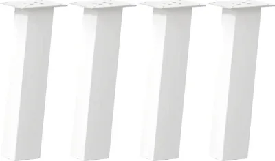 Four white table legs are arranged in a row against a white background.