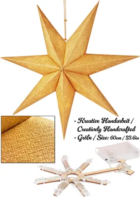 A golden star-shaped lantern with a close-up of its textured surface, and a disassembled light string with a battery pack.