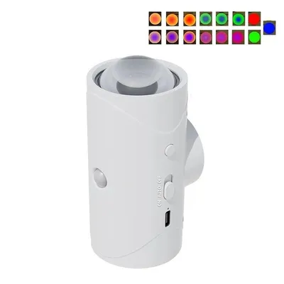 A white cylindrical night light with a transparent dome on top, shown against a white background. A row of colored circles is visible in the upper right corner, suggesting different color options.