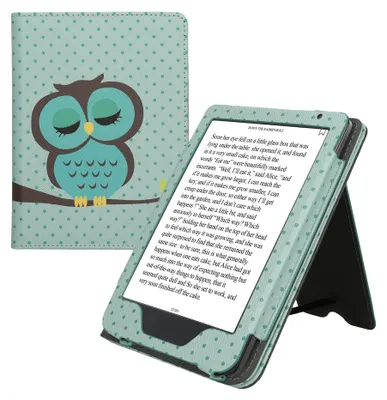 Produktbild von kwmobile Flip Cover kompatibel mit Kobo Clara BW / Clara Colour / Tolino Shine (5) / Shine Color - Hülle mit Handschlaufe Eule Schlaf Türkis Braun