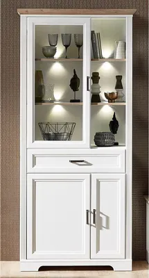 Produktbild von Vitrine Standvitrine Vitrinenschrank Holzvitrine Wohnzimmerschrank "Jillana I" Pinie hell / Artisan Eiche
