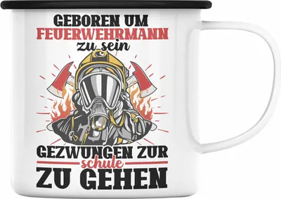 Produktbild von Trendation - Feuerwehr Emaille Tasse Sohn Jungs Geschenke Zubehör Lustig Kinder Geburtstag Gezwungen Zur Schule (Schwarz)