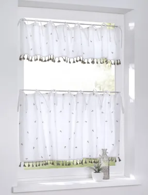 Produktbild von Kutti Scheibengardine Bistrogardine Panneaux Honey Landhaus gestickt Biene Natur Baumwolle Bindebänder Breite 120 x Höe 50 cm
