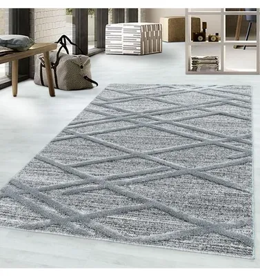 Produktbild von TapisTrend Zotteliger Teppich Grau 120 cm rund Grauer geometrischer mit erhabenen Kreuzlinien, 20 mm Florhöhe, modernes Design für Wohn- und Schlafzimmer