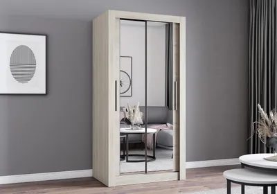 Produktbild von Easy4You MN Sonoma Schiebetürenschrank Kleiderschrank 100x200x64 cm mit Spiegel - Schlafzimmermöbel, Aufbewahrung – Mehrzweckschrank mit 2 Kleiderstangen