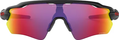 A pair of Oakley sunglasses with red and purple lenses.