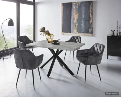 Produktbild von Hela Tische, 5tlg. Essgruppe Cleo, Tisch Betonoptik Sterngestell Metall, Armlehnstuhl Anthrazit Steppung Samt-Bezug, KI-generiertes Bild