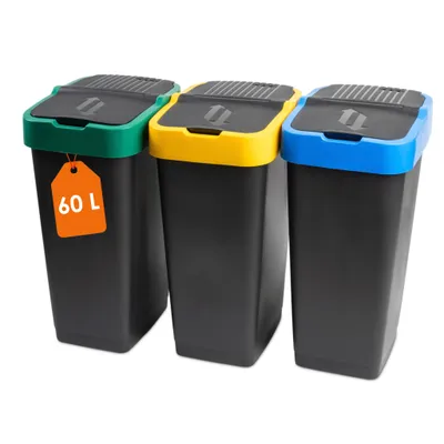 Produktbild von Abfalleimer mit Schwingdeckel - 3er Set - 60 Liter - jede Farbe 1x - Mülleimer Abfallbehälter Müllsammler