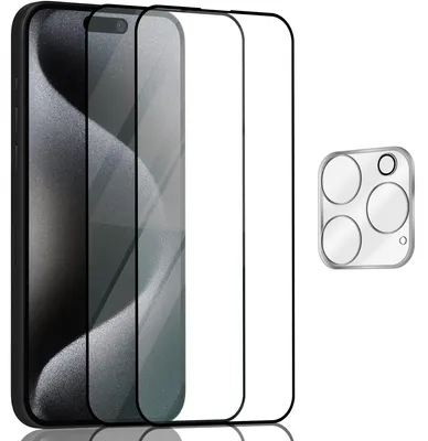 Produktbild von 2-Pack iPhone 15 Pro Displayschutzfolie & 1-Pack Kameraschutz - Gehärtetes Glas 9H - Super Qualität 3D