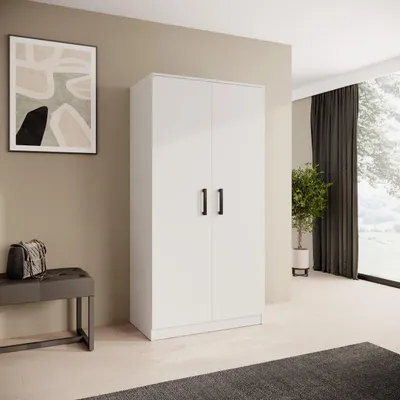Obrázek produktu pro BEAUTYSOFA | Skříň s otočnými dveřmi TREND 90 cm bílá, moderní skříň se zásuvkami, tyčí na ramínka a policemi – systém Soft-Close