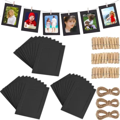 Obrázek produktu pro Sada 30 kusů papírových fotorámečků, rozměr 10 x 15 cm, barva černá, včetně dřevěných sponek a provázku, vhodné pro dekoraci stěn