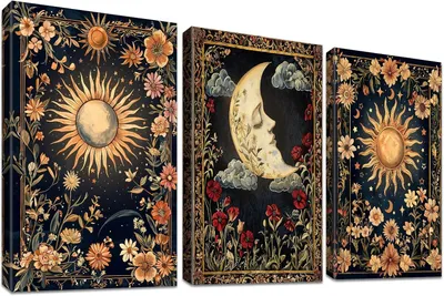 Productafbeelding van Set van 3 canvas prints, 50x70 cm, boho-gotische stijl, met afbeeldingen van zon, maan en tarotkaarten