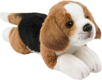 A plush toy beagle dog lying down on a white background.