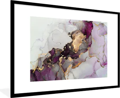 Produktbild von MuchoWow® Gerahmtes Poster Marmor - Abstrakt - Gold - Lila 90x60 cm - Poster mit Schwarzem Bilderrahmen Wandposter Rahmen Foto Bilder - Wanddekoration - Fotos