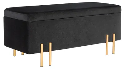 Productafbeelding van Bank, gestoffeerde bank met opbergruimte, metaal, rubberhout, schuim, 100 x 40 x 42 cm, zwart