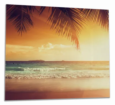 Produktbild von Wallario Herdabdeckplatte aus Glas, Größe 60 x 52 cm 1-teilig, Motiv Sonnenuntergang am Strand in der Karibik
