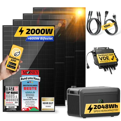 Produktbild von Balkonkraftwerk mit Speicher, 2000W/800W Solaranlage Steckerfertig WIFI Komplettset Photovoltaik Anlage 800W, Kabellänge: 10m, Solakon