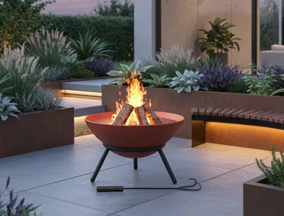 Produktbild von Feuerstelle Feuerschale Gartenfeuer APACHO Schale Rostoptik Fuß schwarz neigbar