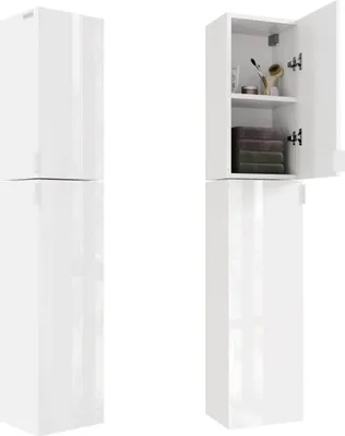 Produktbild von PLATAN ROOM 2 TLG.-Set Badezimmerschrank 150 (60 + 90)H x 30B x 25T cm Badschrank Hängeschrank mit Soft-Close Funktion Badezimmermöbel Hochschrank Weiß Hochglanz