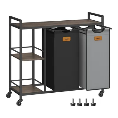 A laundry cart with two bins and shelves.