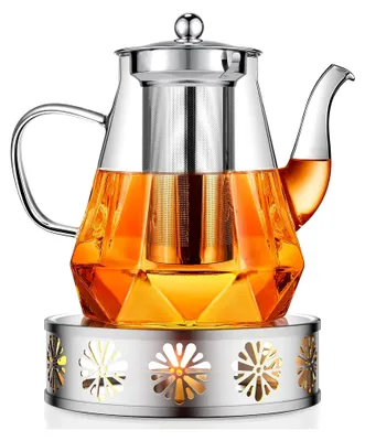 Produktbild von Teekanne mit Stövchen, 1,2L Glas Teekanne mit Siebeinsatz und Teewärmer aus Edelstahl, Glasteekanne für losen Tee, Teebereiter, Teestövchen