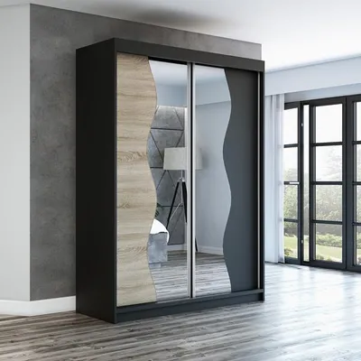 Produktbild von Schwebetürenschrank, 2-türig Schrank RIMA 160 cm (mit Spiegel) (Schwarz / sonoma / schwarz)