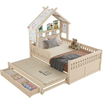 Produktbild von Kinderbett,Holzplattformbett, hausförmig, 140 x 200 cm, mit Ausziehbett, Multifunktionsbett mit 3 Schubladen und Sicherheitsgittern, Cream