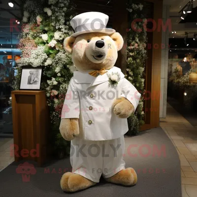 Produktbild von Tan-Bär REDBROKOLY Maskottchen kostüm gekleidet in ein Hochzeitskleid und Mützen