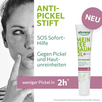 Produktbild von alkmene Mein Teebaumöl Anti Pickel Stift 15 ml weniger Pickel in 2h - Soforthilfe gegen Pickel & Hautunreinheiten, vegan