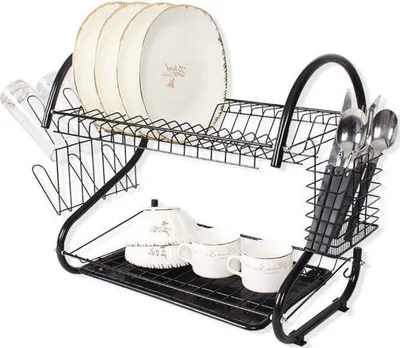 Zdjęcie produktu dla Ociekacz na naczynia z 2 półkami Stojak na naczynia z podstawką Stojak na szklanki i sztućce Czarny (38 cm)