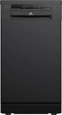 A front view of a black freestanding dishwasher.