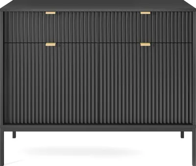 A front view of a black dresser with fluted drawers and gold handles, set against a white background.