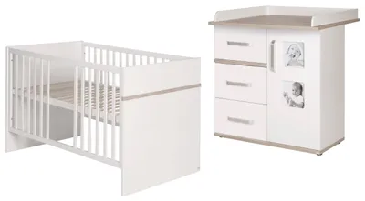 Produktbild von roba Kindermöbelset 'Moritz', 2-teilig, Kinderbett 70x140cm & Wickelkommode schmal, weiß, 'Luna Elm'