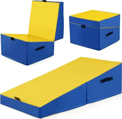 Obrázok produktu pre Gymnastická podložka 2 v 1 s rukoväťou na prenášanie, šikmá gymnastická podložka, klinová mäkká podložka, žltá