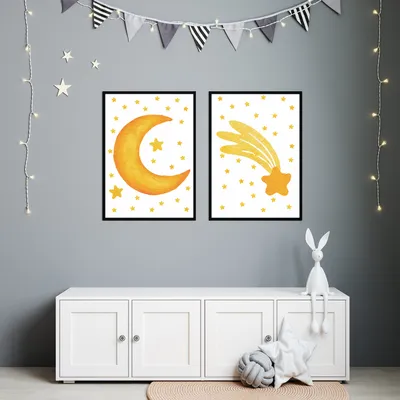 Produktbild von Mond Sterne 2er Set Kinderzimmer Bilder DIN A4 Wandbilder Deko Babyzimmer Poster
