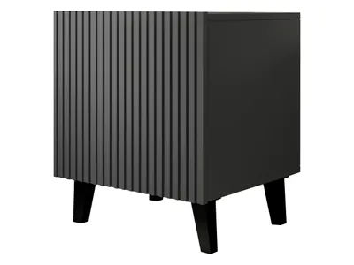 A dark grey nightstand with a fluted front and black legs, shown from a side angle against a white background.