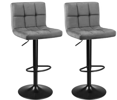 Two gray bar stools with black bases are shown against a white background.